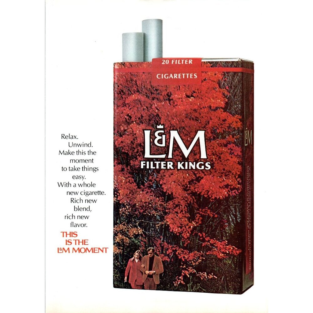 1971 L&M Cigarettes Fall Autumn Leaves Red Vintage Print Ad Couple 70s Wall Art